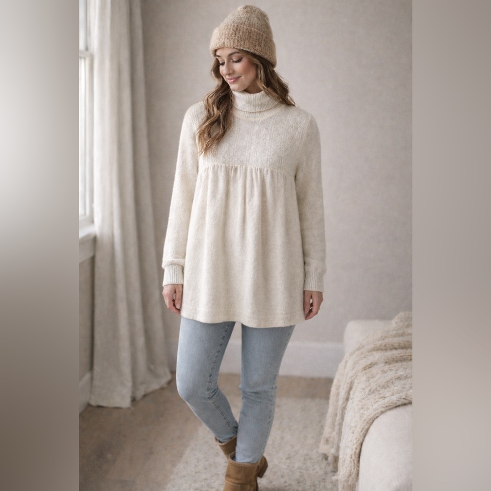 GREAT TIMES Cream Turtleneck Sweater. Cozy Neutral Knit L Made In USA